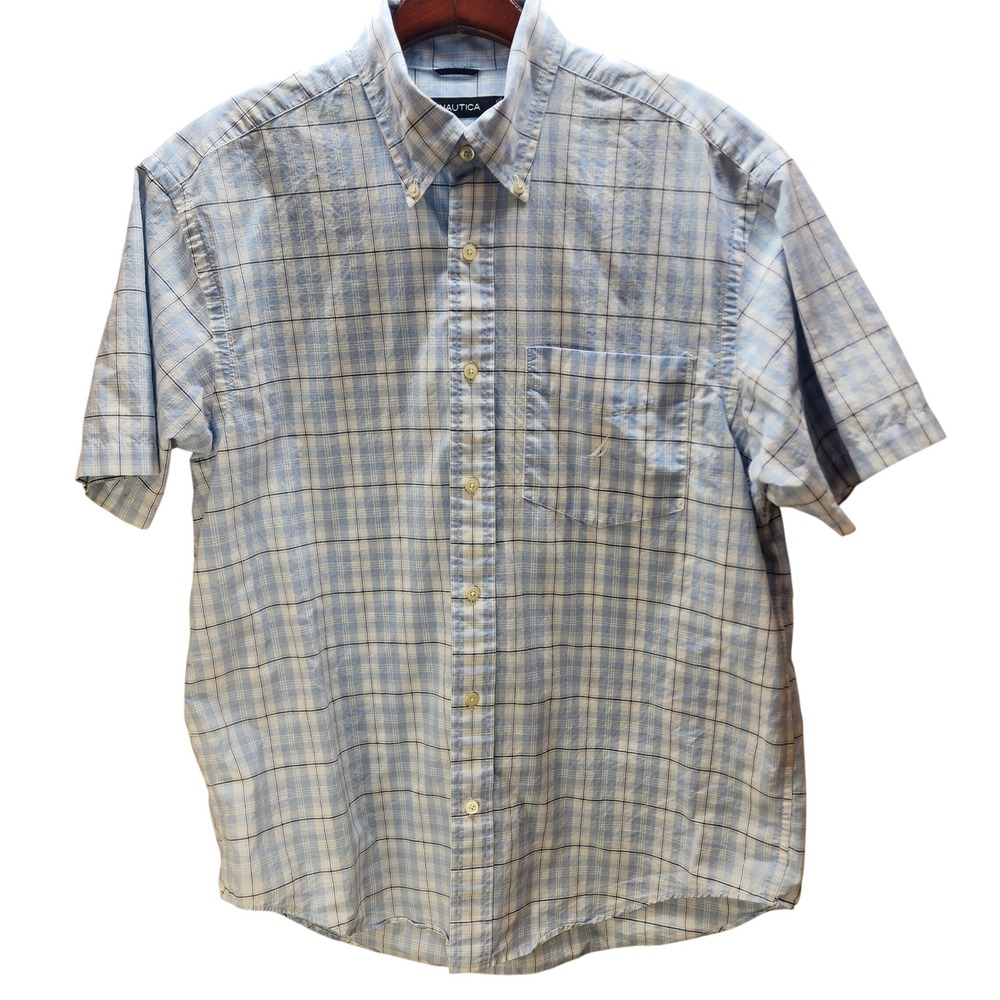Nautica Mens Blue White Plaid Short Sleeve Button Down Shirt 80s 2-Ply Cotton M